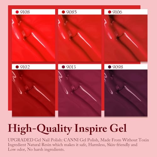 CANNI Red Gel Nail Polish Set – 6 Colors 9ML Classic Dark Red, Burgundy – Soak Off UV LED Gel Polish Kit for All-Season DIY Manicure, Nail Art, Salon & Home Use