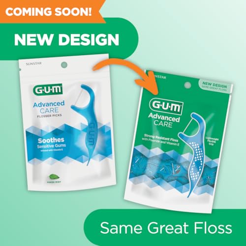 GUM Advanced Care Floss Picks - Dental Flossers for Adults with Vitamin E and Fluoride - Extra Strong Shred-Resistant Dental Floss, Easy Grip Handle, Fresh Mint Flavor, 90 Count (Pack of 6)