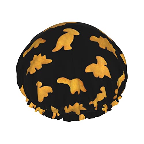 Cute Dinosaur Chicken Nuggets Shower Cap Reusable Double Waterproof Layers Bathing Shower Hat Hair Protection Shower Hat