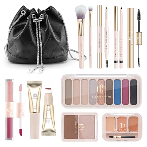 Color Nymph Beginners Makeup Kit For Girls Makeup Set for Teen Full Face Makeup Kit For Women with Cosmetic Bag included 9 Color Eyeshadow Palette Concealer Liquid Blush Eyeliner Lipgloss