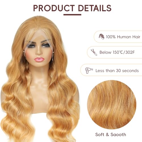 Honey Blonde Wig Human Hair 200% Density 13x4 Blonde Wig Human Hair Body Wave Lace Front Wigs Human Hair Pre Plucked Colored 27# Lace Frontal Wigs 24 Inch