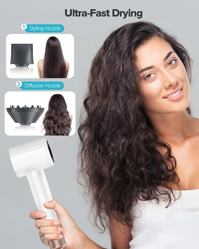 High Speed Ionic Hair Dryer with Diffuser, Professonal Blow Dryer 110,000 RPM Brushless Motor for Fast Drying, 1500W 4Temps /2Speeds, Thermo-Control Hairdryer for Women Home Travel (White)