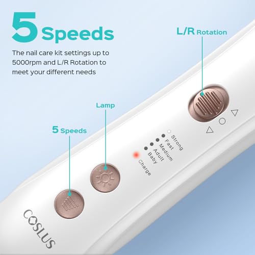 COSLUS Professional Manicure Pedicure Kit, 5-in-1 Electric Nail File for Toenail Hand Feet Care - Wider Grinder for Thick Nails, Cordless, 5 Speed, for Men Women Seniors Home Salon, White, C43(END10)