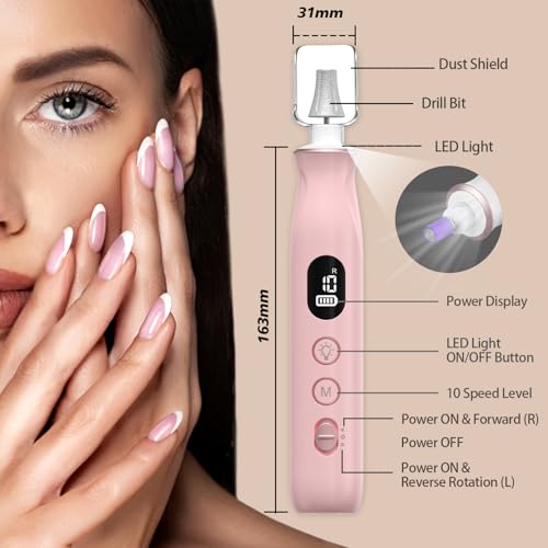 Cordless Electric Nail File Set, 10 Speeds Professional Manicure Pedicure Kit with LED Light, Portable Nail Drill for Natural & Acrylic Nails, Human & Pet Thick Toenails, w 120*Sanding Bands (Pink)