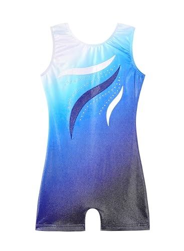 HOZIY Gymnastics Leotards for Girls with Shorts 5t Size 5-6 Years Biketard Blue White Ombre Ribbons Diamond Rhinestones Sparkly