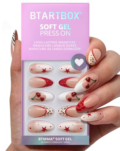 BTArtbox Press On Nails Almond - 3D Cherry Medium Red French Tip Press On Nails with Glue for Women, Opaque Soft Gel Glue On Nails in 15 Sizes - 30 Stick On Nails Kit, Pinky Swear