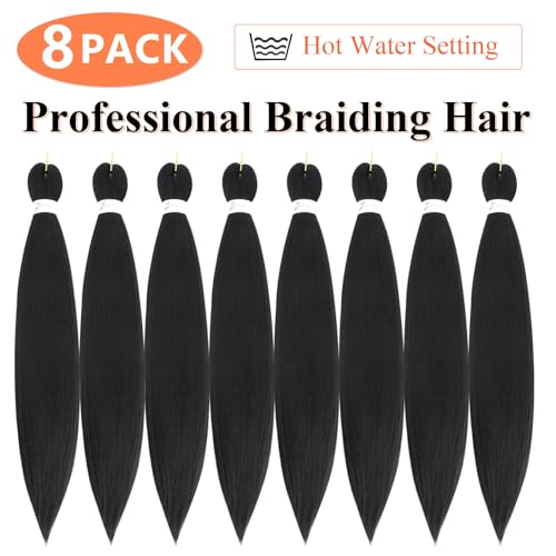Braiding Hair Pre Stretched 24 Inch 8 Packs Pre Stretched Braiding Hair For Braiding Twist Hair For Crochet Braids Hot Water Setting Soft Yaki Texture(24Inch,1B)