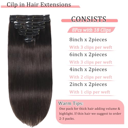 Clip in Hair Extensions Real Human Hair Clip in Extensions for Women Seamless Invisible Dark Brown Natural Remy 100% Human Clips ins Extension 8pcs Double Weft 16 inch 3.2oz/90g