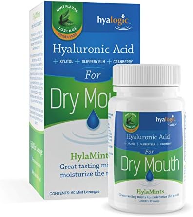 Hyalogic HyaMints Breath Mints for Dry Mouth- Sugar Free Mint Flavor— Natural Breath Freshener w/Hyaluronic Acid, Cranberry Extract, Xylitol, Slippery Elm, Orange Pectin (60 Count)