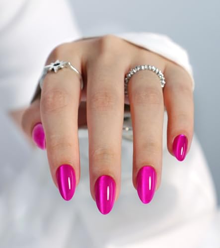Hot Pink Press on Nails Cateye - GJZEZ Soft Gel Cat Eye Stick on Nails, Short Almond Press Ons, Bright Neon Pink Salon Grade Fake Nails | 16 Sizes - 32 pcs Reusable Summer Prom Nails, Rose Bonbon
