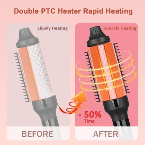 hopopower 1.25/1.5 Inch Curling Iron Brush Ceramic Double PTC Heated Round Hair Curling Comb, Tourmaline Ionic Hot Hair Curler Thermal Brush Blowout Dual Voltage for Traveling (1.25inch)