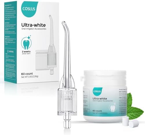 COSLUS Whitening Water Flosser Replacement Tips with 60 Pcs Mint Refills: Compatible with C20 (F5020E) & E40 (WFP14) Portable Water Flossers – Improve Stains Gently& Fresh Breath for Daily Oral Care