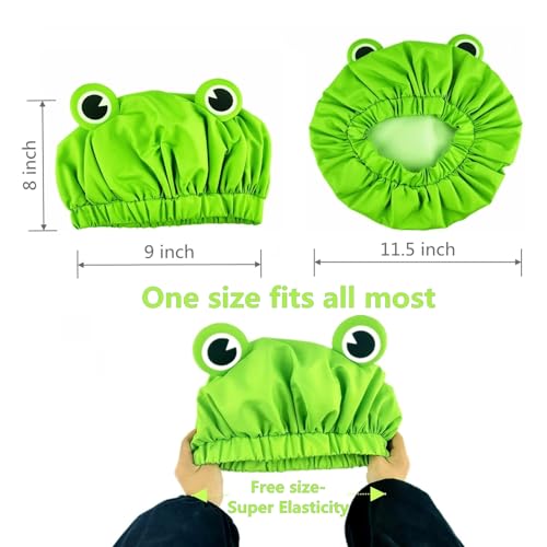 LamaMe Shower Cap, Waterproof Reusable Double Layers Bath Cap Elastic Band Hair Cap Green Frog Shower Cap for Women Ladies Spa Salon, Small