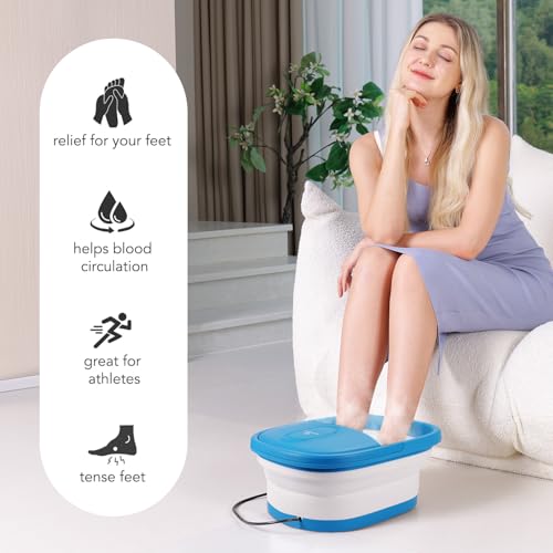 Collapsible Foot Spa Bath Massager with Heat-Maintaining, Bubbles, Red Light, 8 Shiatsu Massage Rollers, A Double-Sided Foot File for Stress Relief & Soft Feet, Space-Saving Feet Soaker, Blue