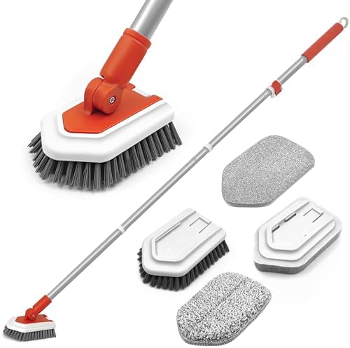 JEHONN Shower Cleaning Brush, Tub Tile Scrubber with Telescopic 51 inches Long Handle, 4 Scrub Heads for Bathroom Bathtub Floor Baseboard Sink Toilet