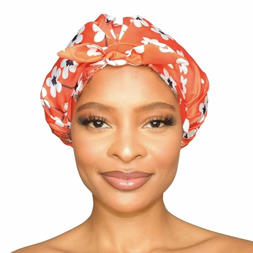 GRACE & COMPANY Luxury Shower Cap For Women - 100% Waterproof, Reusable, Washable & Breathable Shower Caps - Clementine