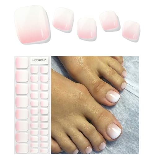 Kalolary White Gel Toenail Strips, Pink Gradient Toenail Stickers Pedicure Strips Long Lasting Salon Quality Nail Wraps with Nail File & Wood Stick(UV/LED Lamp Required