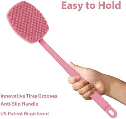 iTokGoK® All New Premium Silicone Back Scrubber with Tire Anti-Slip Long Handle for Shower, Gentle Exfoliating and Massage Brush Scrubber for Sensitive Skin for Men and Women (Pink)