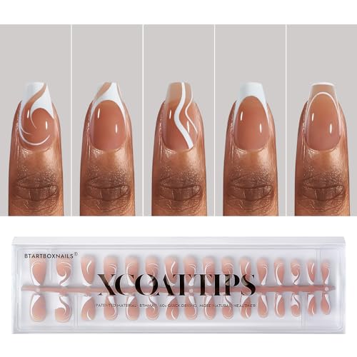 BTArtbox French Tip Press on Nails - 5 Styles XCOATTIPS Short Coffin Nails, Pre-Designed Swirl Soft Gel Nail Tips, Ultra Fit False Nails, Soak Off Acrylic Fake Nails Extensions for Nail Art