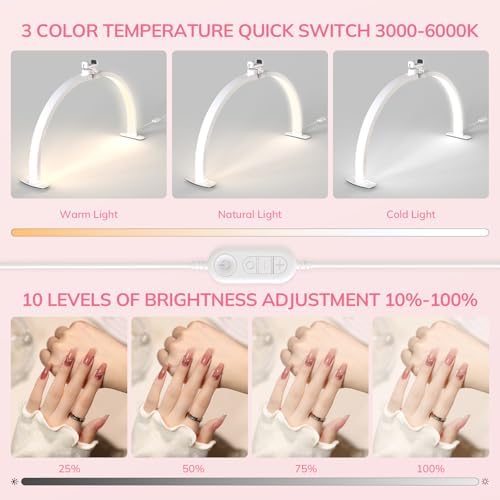 Lavinda Foldable Half Moon Nail Table Lamp with Phone Stand – 29in LED Arch Light for DIY, Eyelash, Tattoo, Facial – Adjustable 3000K-6000K – Plug-in White Design
