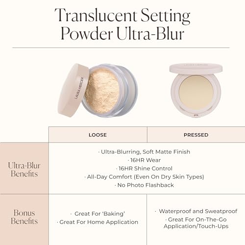 Laura Mercier Ultra-Blur Talc-Free Waterproof Translucent Pressed Setting Powder, 16HR Weightless Wear and Shine Control, Hyaluronic Acid Infused for 24HR Hydration, Natural Finish, Includes Puff