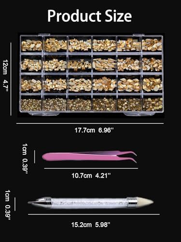Champagne Nail Rhinestones, 5380Pcs Flatback Gold Glass Charms Gems Stones, 24 Grids 19 Types of Shaped Nail Art Rhinestones Kit with Picking Pen and Tweezers, 6 Sizes for Face Decoration
