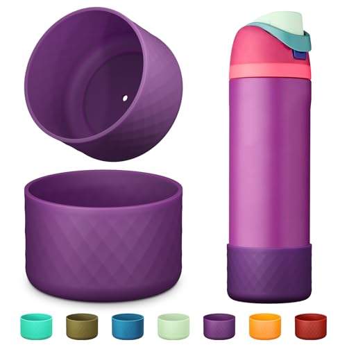 Comheral 2PCS Silicone Water Bottle Boot for Owala 24oz, Anti-Slip Protective Sleeve Bottom Bumper for FreeSip, Twist, and Flip Stainless Steel Bottles, Dishwasher Safe and BPA Free(Dark Purple)