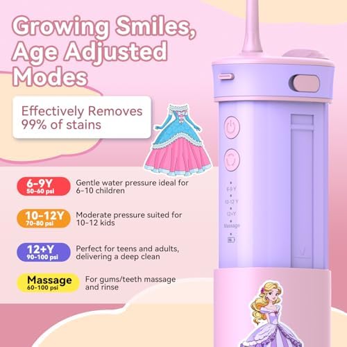 JTF Kids Water Dental Flosser: Rechargeable Portable Oral Irrigator with 4 Flossing Modes 230ml Tank 4 Tips Travel Bag Waterproof Stickers, Cordless Electric Flossers for Teeth Gum Braces Care, Age 6+