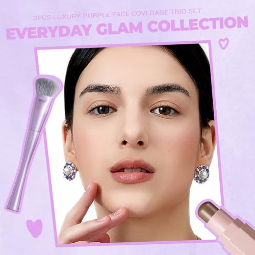 Jessup Face Makeup Brush Set 3 pcs, Ultra-Soft Dense Makeup Brushes for Foundation Contour Powder and Blush, Premium Synthetic Fiber, Luxury Purple T513
