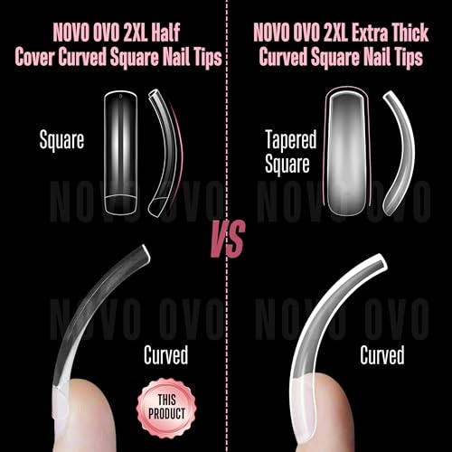 Half Cover XXL Curved Nail Tips, Square Shallow Paste Soft Gel x Long L XL XXXL Hawk Curve Claw 90s' Y2K Fake Nails Extension kit, Clear Soft French False Nail for Acrylic 12 Sizes 240pc