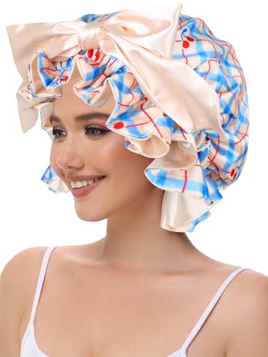 Cute Adjustable Silk Bonnet for Sleeping Double Layer Satin Cap Hair Sleep Bonnet for Curly Hair Cherry Blue