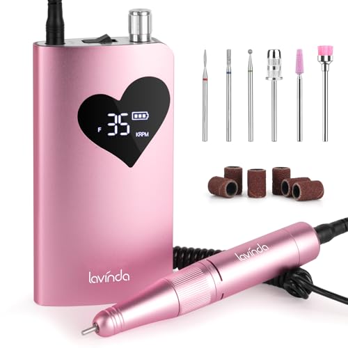 Lavinda Professional Nail Drill 35000 RPM – Cordless Electric Nail File Kit with Heart Display, Rechargeable E File Machine with 6 Bits, Quiet Nail Drill for Acrylic Gel Nails, Home & Salon-Pink