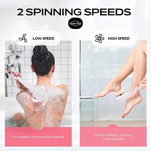 Color You Electric Body Brush for Exfoliating and Massage, Long Handle Electric Bath Brush Rechargeable Body Scrubber, Soft Silicone Spinning Skin Brush with 4 Spin Brush Heads for Man and Women