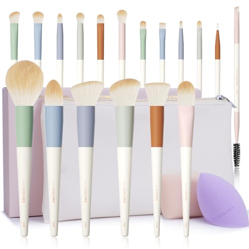 Colorful Series 18-Pcs Makeup Brush Set with Soft, Cruelty-Free Synthetic Bristles, Wooden Matte Handles, 2 Latex-Free Makeup Sponges & Travel Storage Bag – Face & Eye Brushes for Makeup