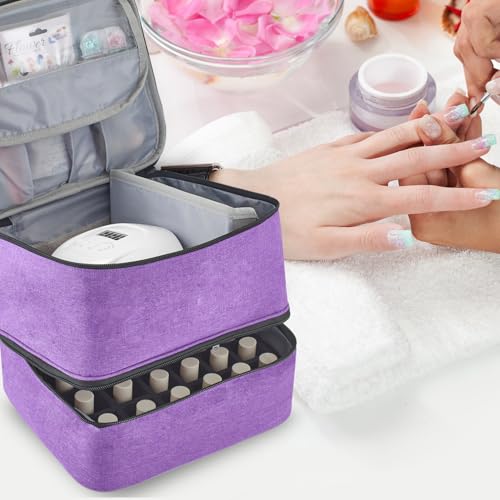 Buruis Double-Layer Nail Polish Organizer Bag, Holds 27 Bottles (15ML/0.5 FL.OZ or Larger), Nail Tools & Dryer Storage Case with Adjustable Dividers (Purple)