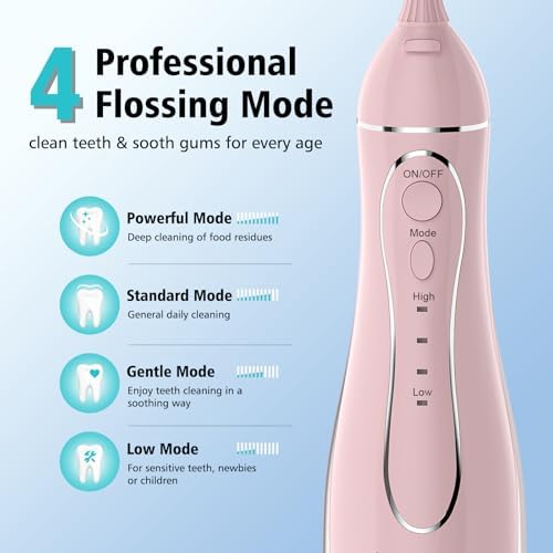 Leominor Water Dental Flosser Pick for Teeth, 300ML Portable Oral Irrigator Upgraded Tank Removable,IPX7 Waterproof, Rechargeable Travel Teeth Cleaner, Professional Electric Flossing (Pink)