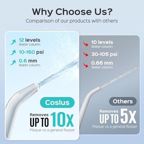 COSLUS Electric Water Flosser for Teeth, Professional Dental Pick for Orthodontic, Sensitive Gums, Braces - 12 Pressure Settings & 5 Multi-Functional Tips for Multiple Users, Home Use, White