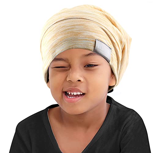 Kids Beanie Sleep Hats Bonnet for Night Sleeping Cap Silky Lined Satin Bonnet with Adjustable Elastic Band for Teens Toddler Child Natural Curly Frizzy Hair Cover(Sand Yellow)