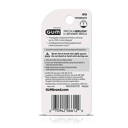 GUM Proxabrush Go-Betweens Refills - Moderate - Compatible with GUM Permanent Handle - Reusable Interdental Brushes - Soft Bristled Dental Picks, 8ct(6pk)