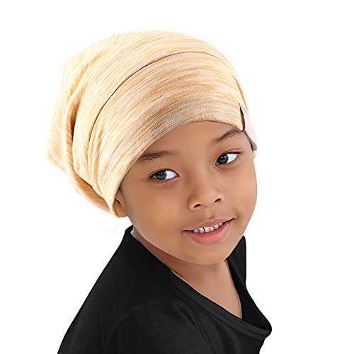 Kids Beanie Sleep Hats Bonnet for Night Sleeping Cap Silky Lined Satin Bonnet with Adjustable Elastic Band for Teens Toddler Child Natural Curly Frizzy Hair Cover(Sand Yellow)