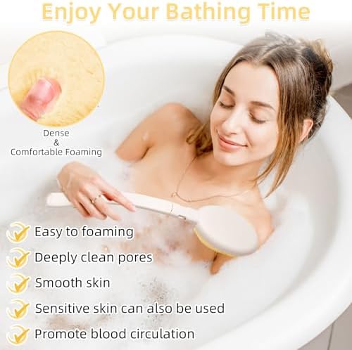 LFJ 19" Long Handle Shower Sponge Brush Set, 3 in 1 Body Brush, Bath Sponge and Lotion Applicator Improved Skin Health, Suitable for Men and Women (White Brush-2P)