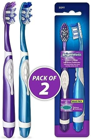 BrightWorks Sonic Battery Powered Toothbrush (2-Pack) (Blue/Purple) Soft Multi-Level Bristles for Whole Mouth, Vibrating Bristles Deep Clean, with Whitening Pads and Tongue Cleaner.