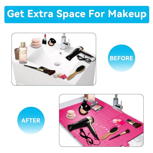 BRIAN & DANY Makeup Mat, Bathroom Sink Cover for Counter Space, Foldable Sink Topper Silicone Mat, RV Accessories, Space Saver, Pink, 19.3" x 15.6"