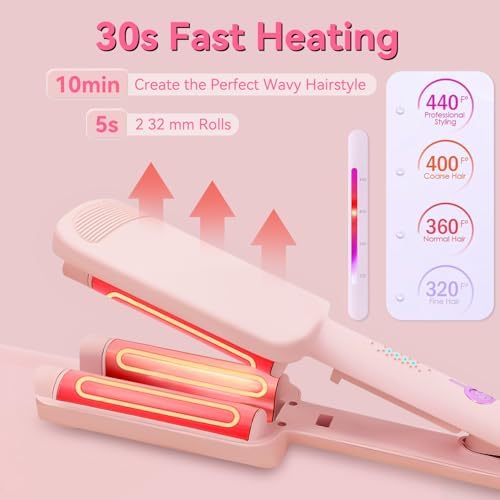 Curling Iron Hair Crimper Waver - CHIKYO 3 Barrel Rovy Wave Curling Iron, 1.25 Inch Ionic Beach Waves Curling Wand, Deep Waver Hair Curler Hot Tool with Ceramic for Women, Dual Voltage, Easy to Use