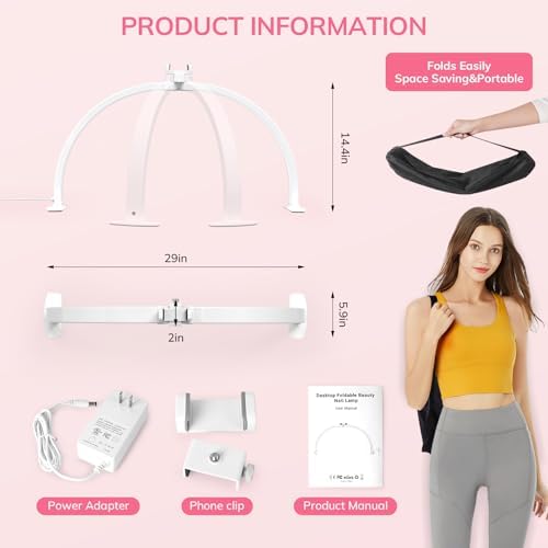 Lavinda Foldable Half Moon Nail Table Lamp with Phone Stand – 29in LED Arch Light for DIY, Eyelash, Tattoo, Facial – Adjustable 3000K-6000K – Plug-in White Design