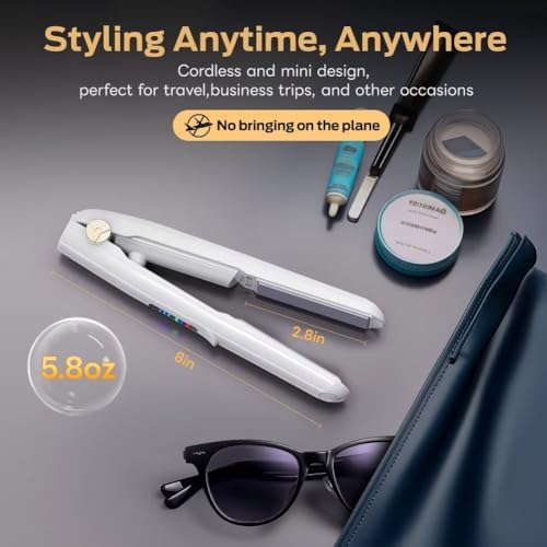 Cordless Hair Straightener and Curler 2 in 1 Ceramic Flat Iron Mini Wireless Portable Travel Hot Tools Straight Curl for Women Men USB Rechargeable with Pouch (White)