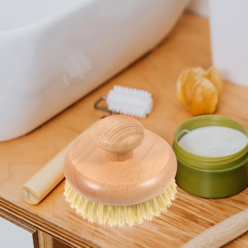 Cleaning Scrubber Body Brush Round Handle Wood Dry Brush Body Exfoliating Brush Back Skin Scrubber Bath Shower Brush for Home Men Bath Shower Body Wash Scrubber