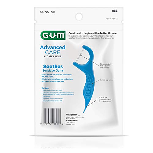 GUM Advanced Care Floss Picks - Dental Flossers for Adults with Vitamin E and Fluoride - Extra Strong Shred-Resistant Dental Floss, Easy Grip Handle, Fresh Mint Flavor, 90 Count (Pack of 6)