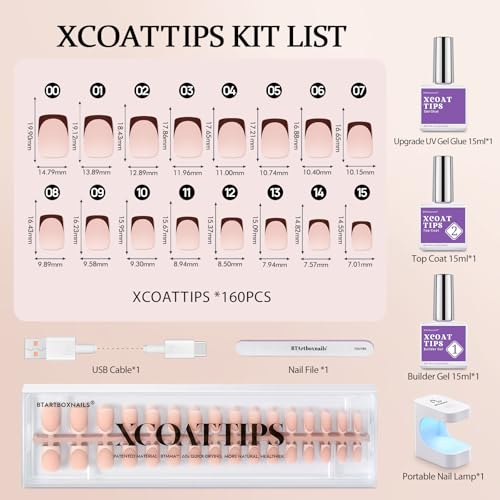 BTArtboxnails XCOATTIPS French Tip Press on Nails - Skin Tones Short Press On Nails Square, Soft Gel Nail Tips with Nail Gel, French Protecting Duo, Nail Lamp, All in One Fake Nail Extension Kit