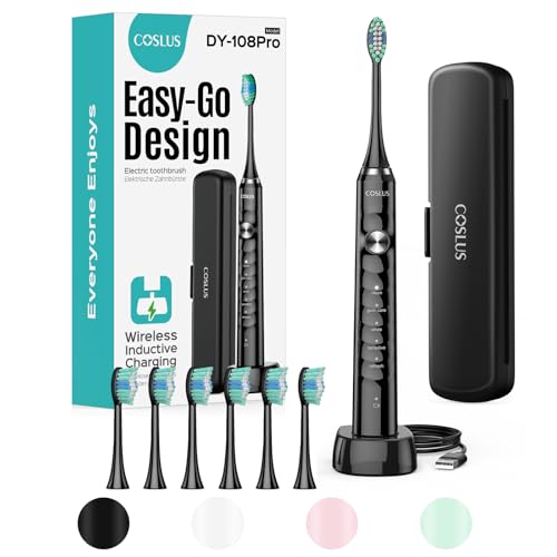 COSLUS Sonic Electric Toothbrush for Adults: 47000 VPM for Deep Cleaning & Whitening with Travel Case - 5 Modes for Sensitive Teeth & Braces, Wireless Charging, 6 Brush Heads for Home Family, Black
